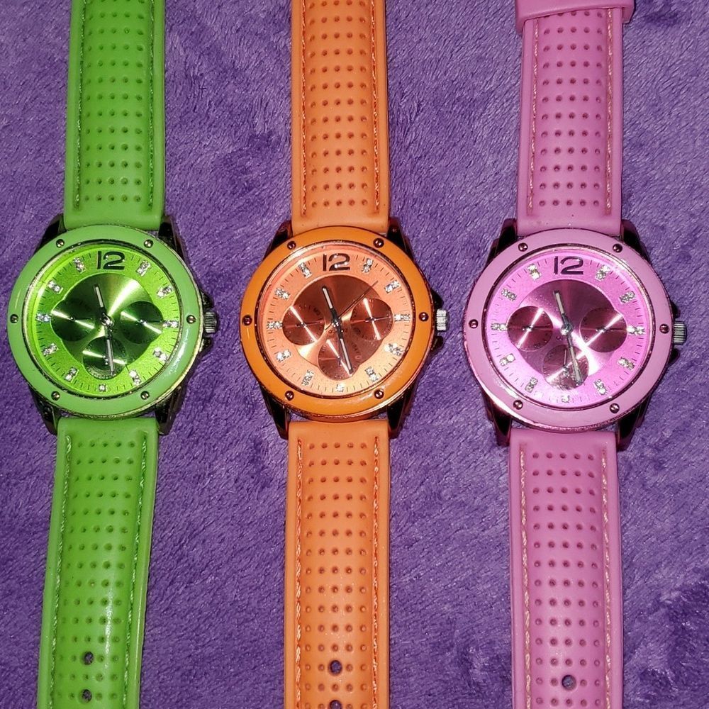 3 Matching Watches Green Pink Orange Accutime JCR1017C JCR1017B‎ JCR1017E